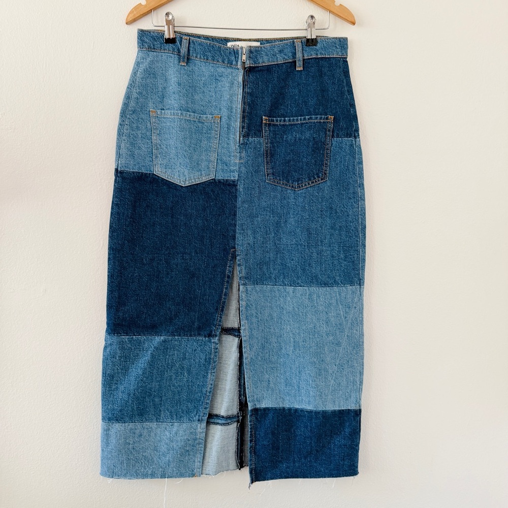 Zara Denim Patchwork Long Blue Skirt - Picture 5 of 7